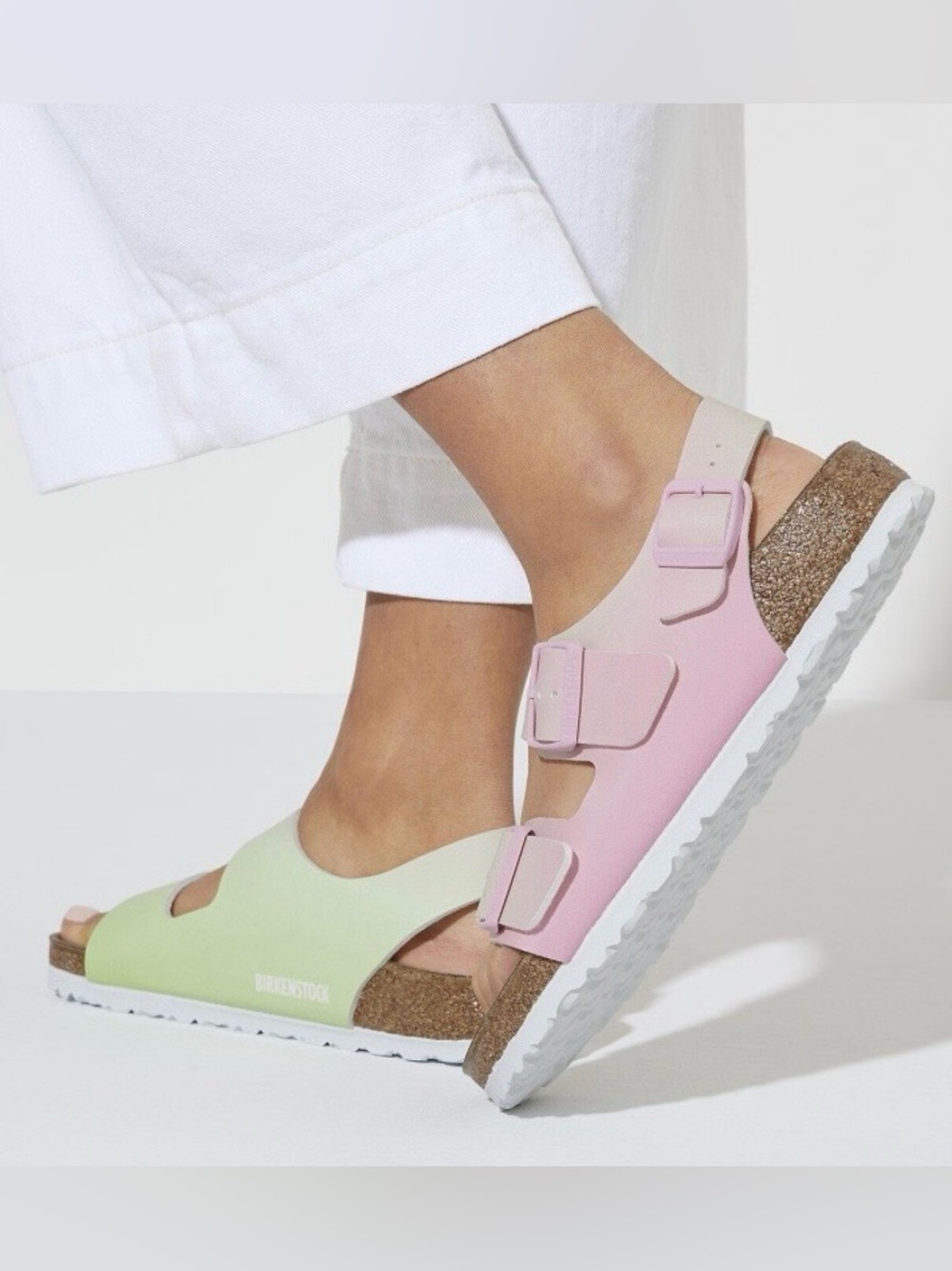 Rare Birkenstock Women's Pastel Pink & Green Two-Tone Vegan Cork Sandals size 9